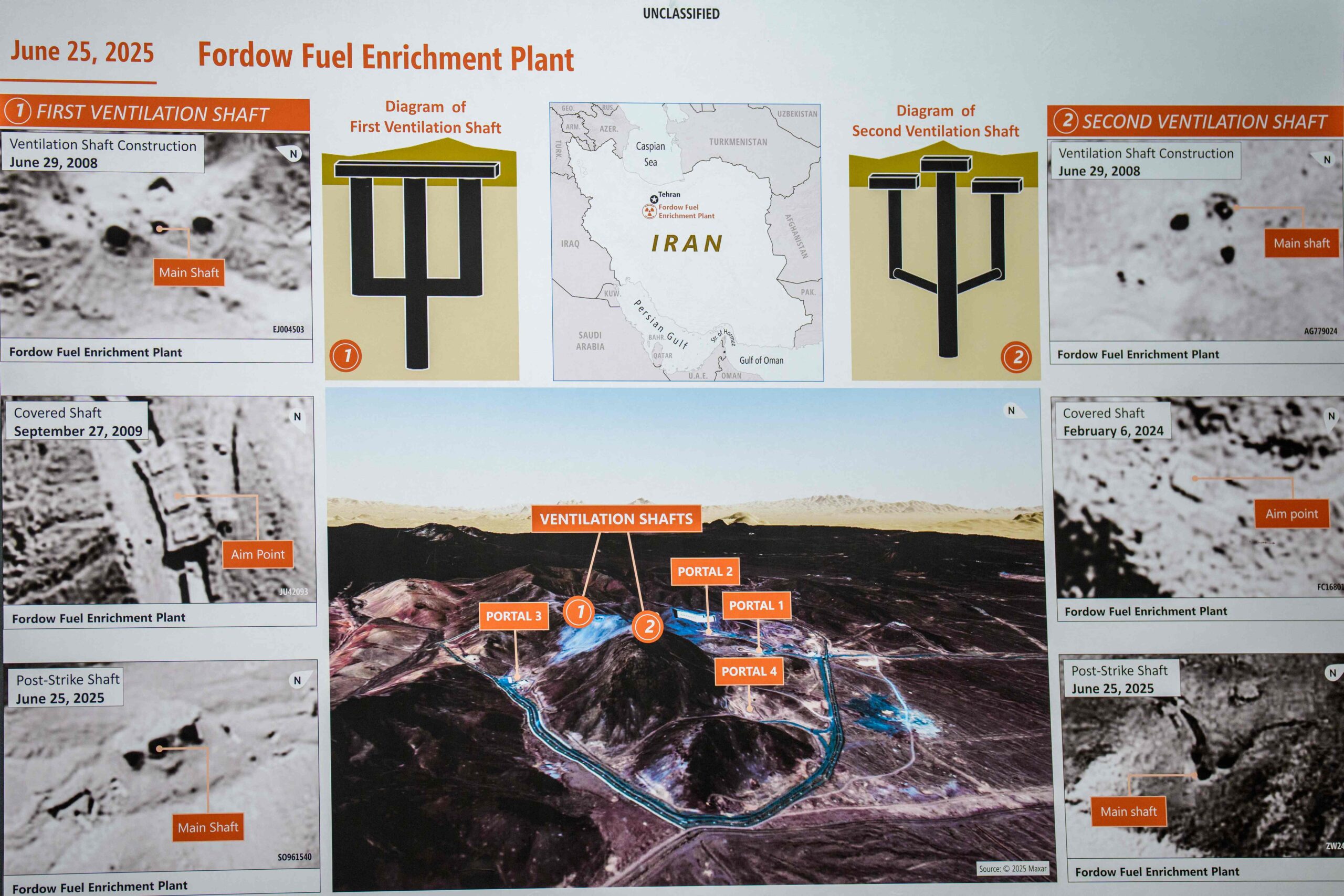 ARLINGTON, VIRGINIA - JUNE 26: A poster of the Fordow Fuel Enrichment Plant is displayed as Chairman of the Joint Chiefs of Staff Air Force Gen. Dan Caine and U.S. Defense Secretary Pete Hegseth hold a news conference at the Pentagon on June 26, 2025 in Arlington, Virginia. Top officials from the Department of Defense gave an update after three Iranian nuclear facilities were struck by the U.S. military last weekend and Iran countered by launching missiles at Al Udeid Air Base in Qatar. Andrew Harnik/Getty Images/AFP (Photo by Andrew Harnik / GETTY IMAGES NORTH AMERICA / Getty Images via AFP)