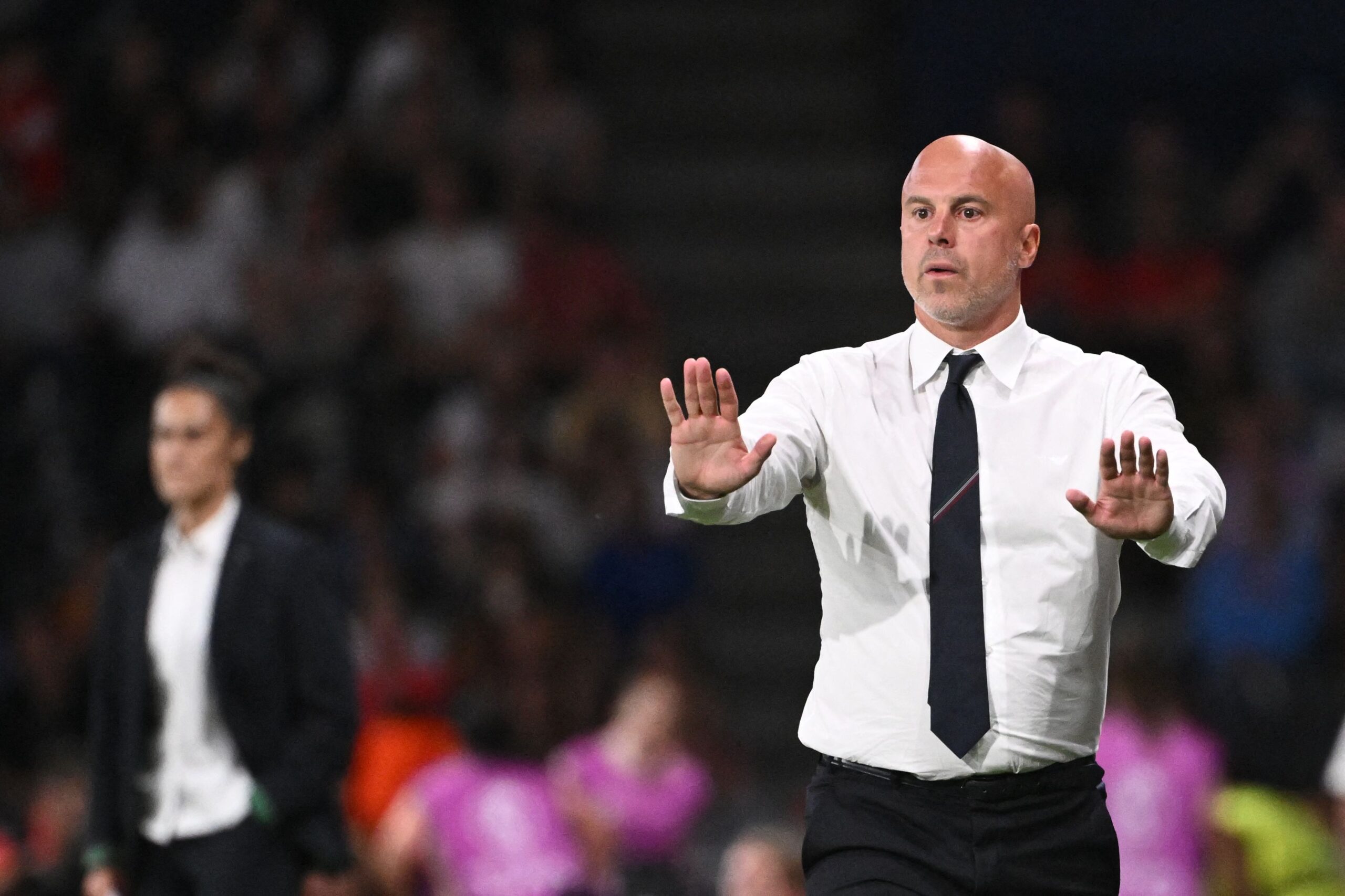 Italy's head coach Andrea Soncin gestures  during the UEFA Women's Euro 2025 Group B football match between Italy and Spain at the Wankdorf Stadium in Bern, on July 11, 2025. (Photo by SEBASTIEN BOZON / AFP)