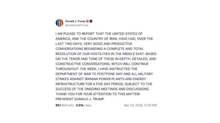 Trump: sospendiamo per 5 giorni gli attacchi sull'energia iraniana