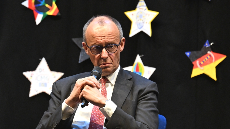 Germany's Chancellor Friedrich Merz takes part in a panel discussion with pupils on European issues, during a visit to Carolus-Magnus-Gymnasium, in Marsberg, Germany, Monday, April 27, 2026. (Federico Gambarini/dpa via AP) Associate Press/ La...
