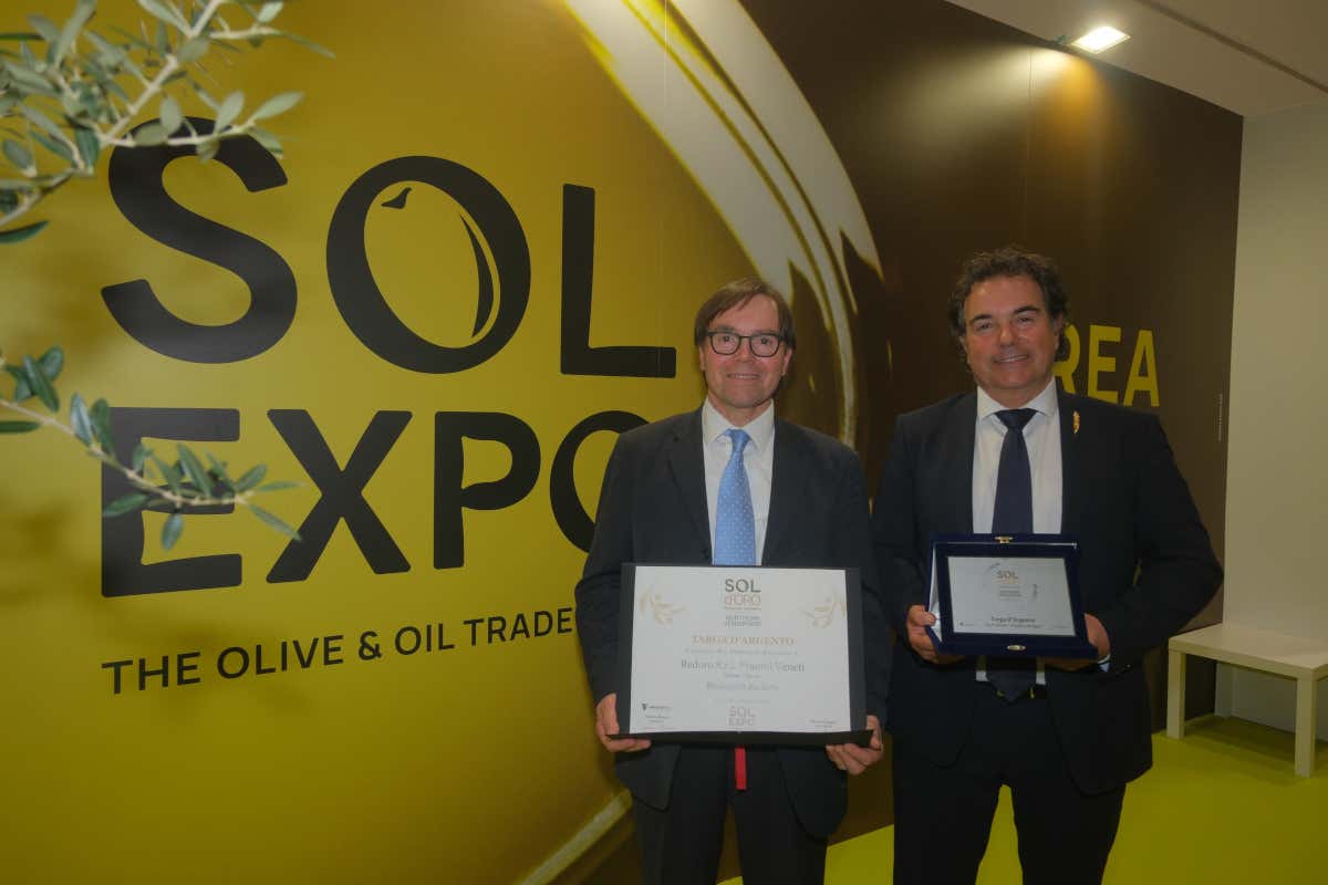 Lorenzo Salvagno e Daniele Salvagno, due dei titolari di Redoro Frantoi Veneti, con la Targa d'argento ricevuta nell'edizione 2026 di Sol Expo
