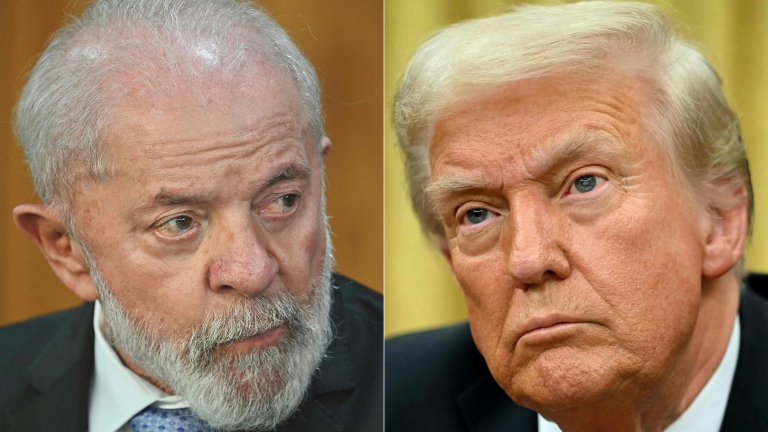 (COMBO) This combination of pictures created on February 20, 2025 shows Brazil's President Luiz Inacio Lula da Silva (L) during an announcement of investment in road improvements at the Planalto Palace in Brasilia on January 29, 2025, and US President Donald Trump speaking to the press after signing an executive order in the Oval Office of the White House in Washington, DC, on February 10, 2025.. Brazilian President Luiz Inacio Lula da Silva on February 20, 2025, accused Donald Trump of wanting to "become an emperor of the world", calling on the US president to respect other countries' sovereignty. (Photo by EVARISTO SA and ANDREW CABALLERO-REYNOLDS / AFP)