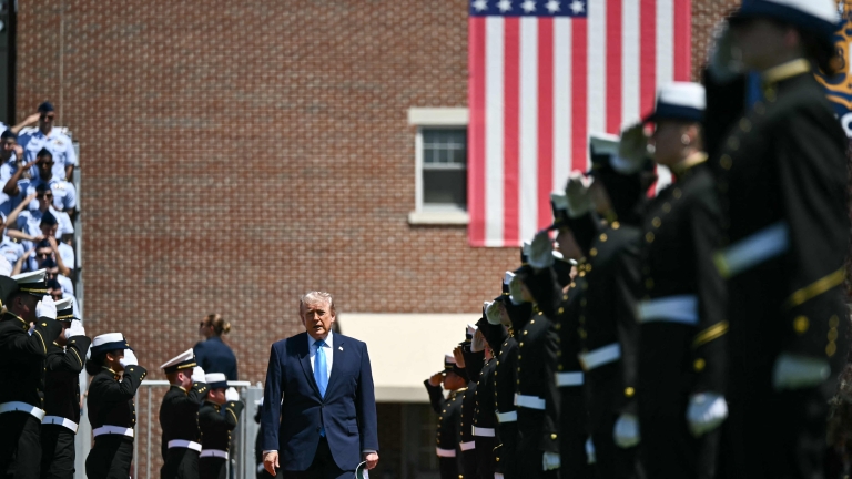 TOPSHOT - US President Donald Trump arrives to give the commencement address to the United States Coast Guard Academy's 2026 graduating class in New London, Connecticut, on May 20, 2026. (Photo by Kent NISHIMURA / AFP)