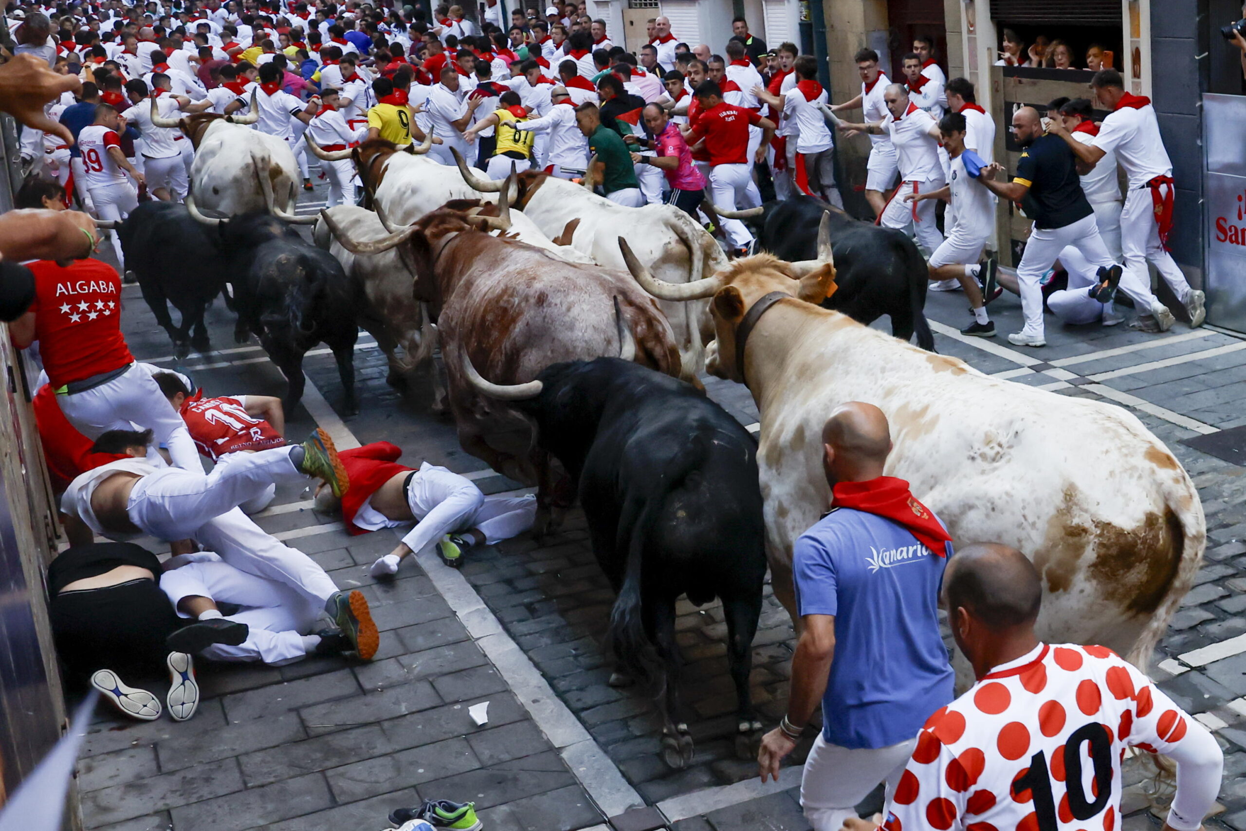 epa13093682 Mozos or runners fall to the ground as they are chased by bulls from the Fuente Ymbro ranch on Calle Mercaderes during the first running of the bulls at the San Fermin Festival in Pamplona, northern Spain, 07 July 2026. The Festival of...