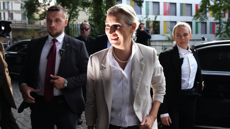 Co-leader of Alternative for Germany party, or AfD, Alice Weidel, arrives for a press conference in Berlin, Germany, Monday, Sept. 7, 2026. (AP Photo/Ebrahim Noroozi)