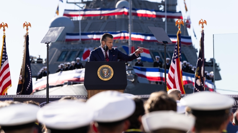 epa13285982 US Secretary of Defense Pete Hegseth delivers remarks during an Anduril Industries event at Tradepoint Atlantic in Sparrows Point, Maryland, USA, 06 October 2026. US President Donald Trump delivers remarks and announces plans for Andur...