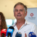 epa13318984 Phil Haines, husband of Independent MP Helen Haines, speaks to the media during a press conference at Alfred Hospital in Melbourne, Victoria, Australia, 21 October 2026. Haines confirmed that while his wife remains in stable condition,...