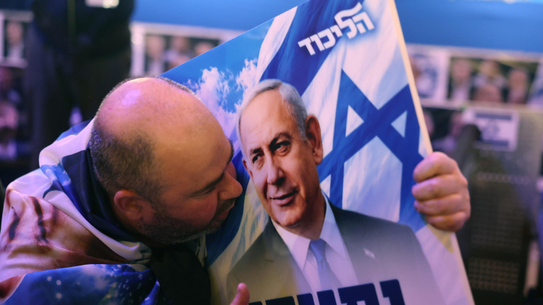 epaselect epa13335326 A supporter of Israeli Prime Minister Benjamin Netanyahu reacts to the first exit polls at a Likud party election event in Jerusalem, 27 October 2026. Israelis headed to the polls in the first nationwide 26th Knesset (legisla...
